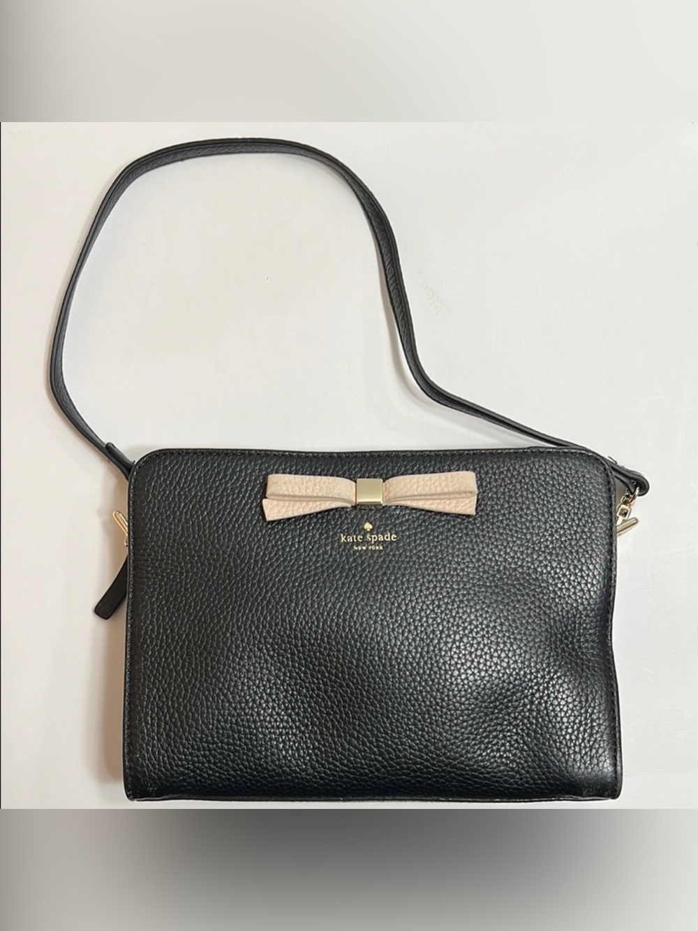 Kate Spade Black Leather Shoulder Bag with Cream Bow Accent Gold Hardware